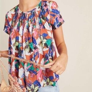 NWT Anthropologie Dolan Pleated Floral Pleated Terra Cotta Short Sleeve Blouse